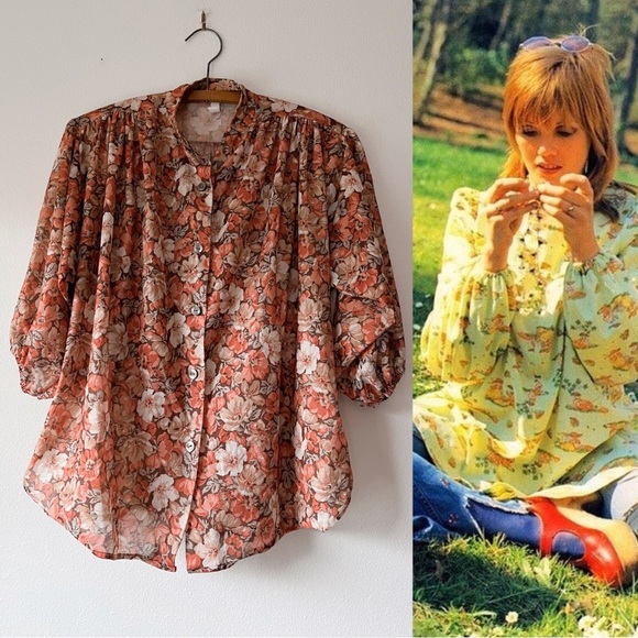 Vintage Tops - Vintage 70’s women’s sheer lightweightht floral‎ button up blouse size L